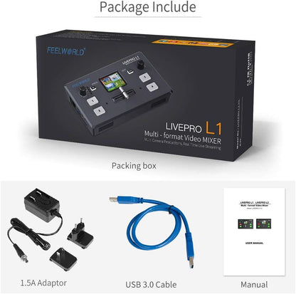 Feelworld LIVEPRO L1 V1 Multi Camera Video Mixer Switcher 4 x HDMI Inputs 2 Inch LCD Display USB 3.0 Camera Production Real Time Live Streaming Lightweight Heat Dissipation - QUORE