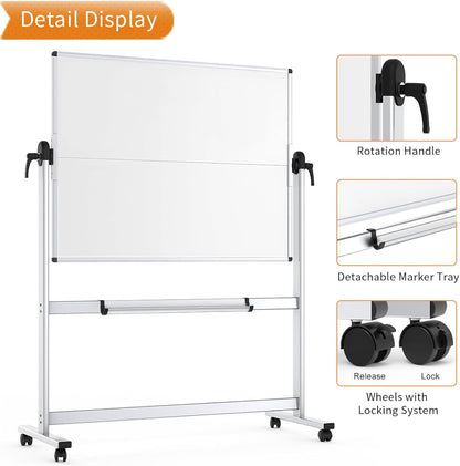VIZ-PRO Dubbelzijdig Mobiel Whiteboard, 120 x 90 cm, Magnetisch Rolling Dry Erase White Board op wieltjes met aluminium frame en standaard