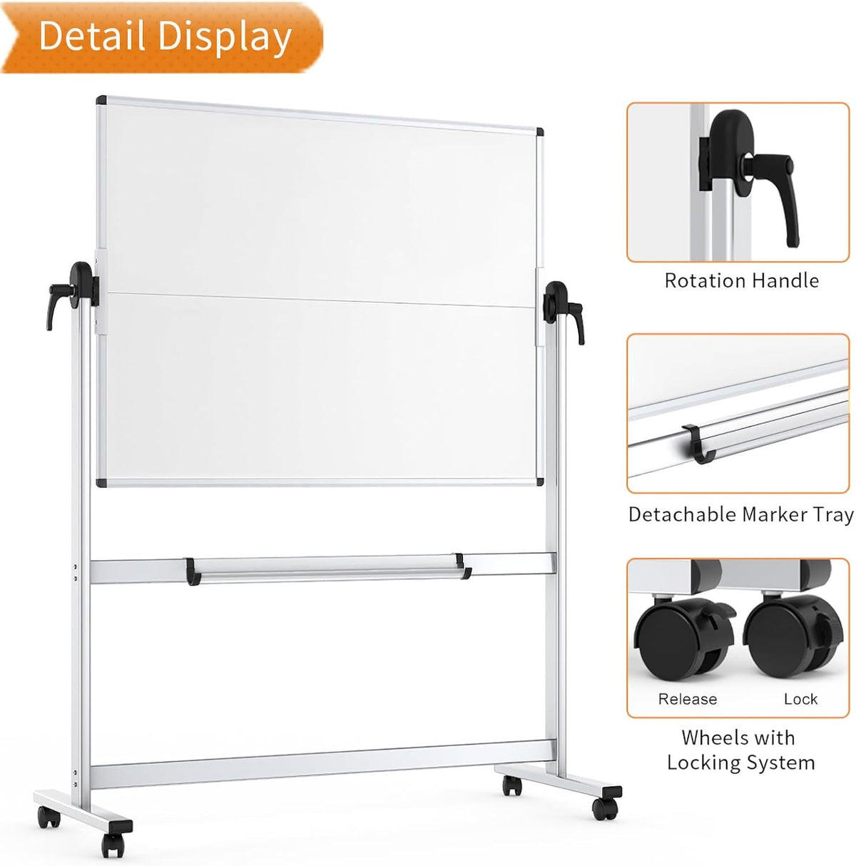 VIZ-PRO Dubbelzijdig mobiel whiteboard, 112 x 112 cm, magnetisch rollend droog wisbaar wit bord op wielen met aluminium frame en standaard