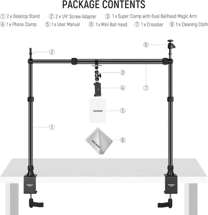 NEEWER NK002 Overhead Camera Mount Rig Platform met Telefoonhouder/2 Balhoofden/Armen/Super Klem/Reinigingsdoek voor Mic Webcam, Bureau Stand met Verstelbare Hoogte Breedte, Max Belasting 26lb/12kg