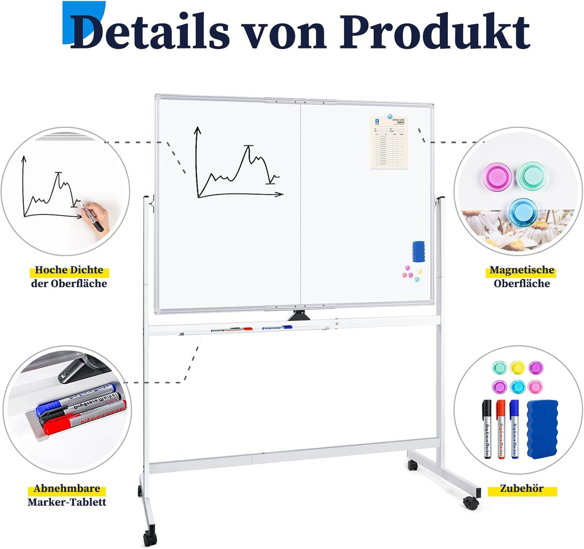 maxtek Whiteboard met standaard, dubbelzijdig magnetisch aluminium frame, mobiel whiteboard met pennen, sponzen, bordwisser