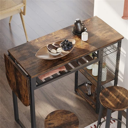 Bartafelset, bartafel met 2 barkrukken, eettafel, statafel met wijnglashouder en plank, keukentafel in industriële stijl, statafel voor bar, bistro en woonkamer (bruin)