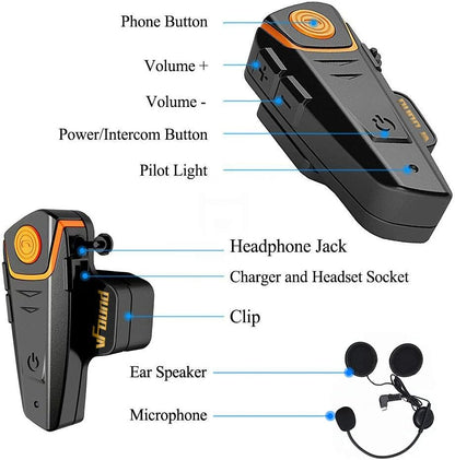 Qaurora BT-S2 1000 m Bluetooth Headset Waterdichte Motorfiets Helm Intercom voor 2 of 3 Bestuurders - 2,5 mm Audio voor Walkietalkie, GPS, Handsfree MP3-Speler, FM-Radio