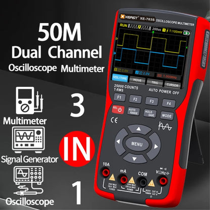 50MHz bandbreedte tweekanaals oscilloscoop, 25.000 tellingen digitale multimeter, DDS-signaalgenerator, 3,5 inch lcd-display 3-in-1 stroomtester, 280 MSa/s High Sampling professionele oscilloscoop (XE