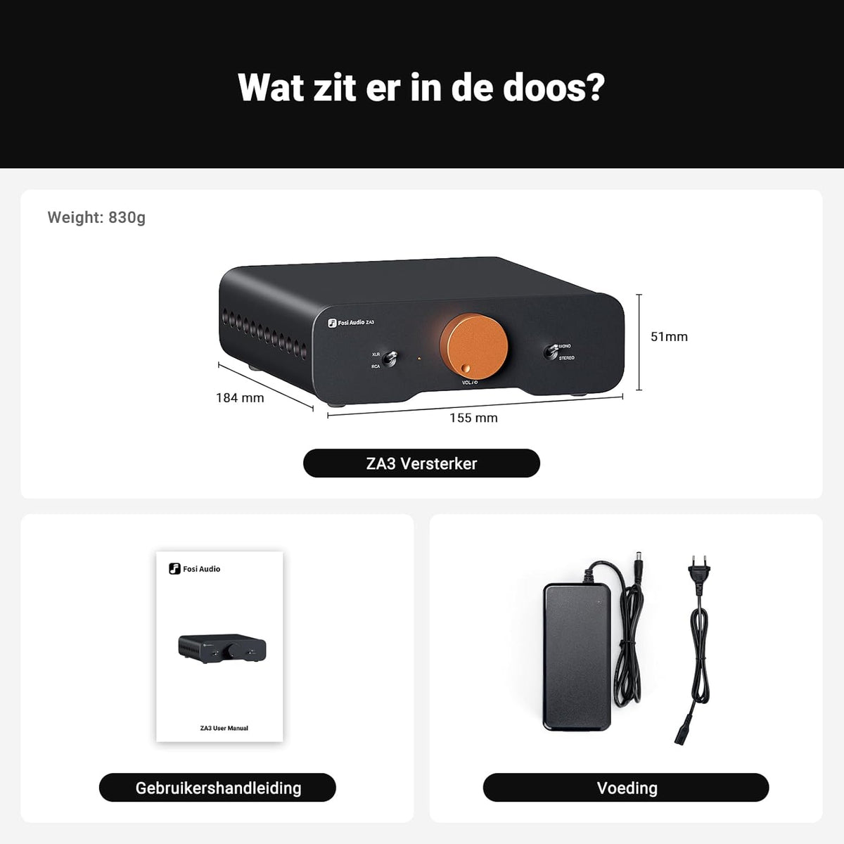 Fosi Audio ZA3 Gebalanceerde Stereo/Mono Versterker HiFi, Chips TPA3255, Mini Audio Versterker Monoblock met XLR RCA Ingangen en 12V Trigger-In, voor Desktop Boekenplank Luidsprekers & Subwoofers