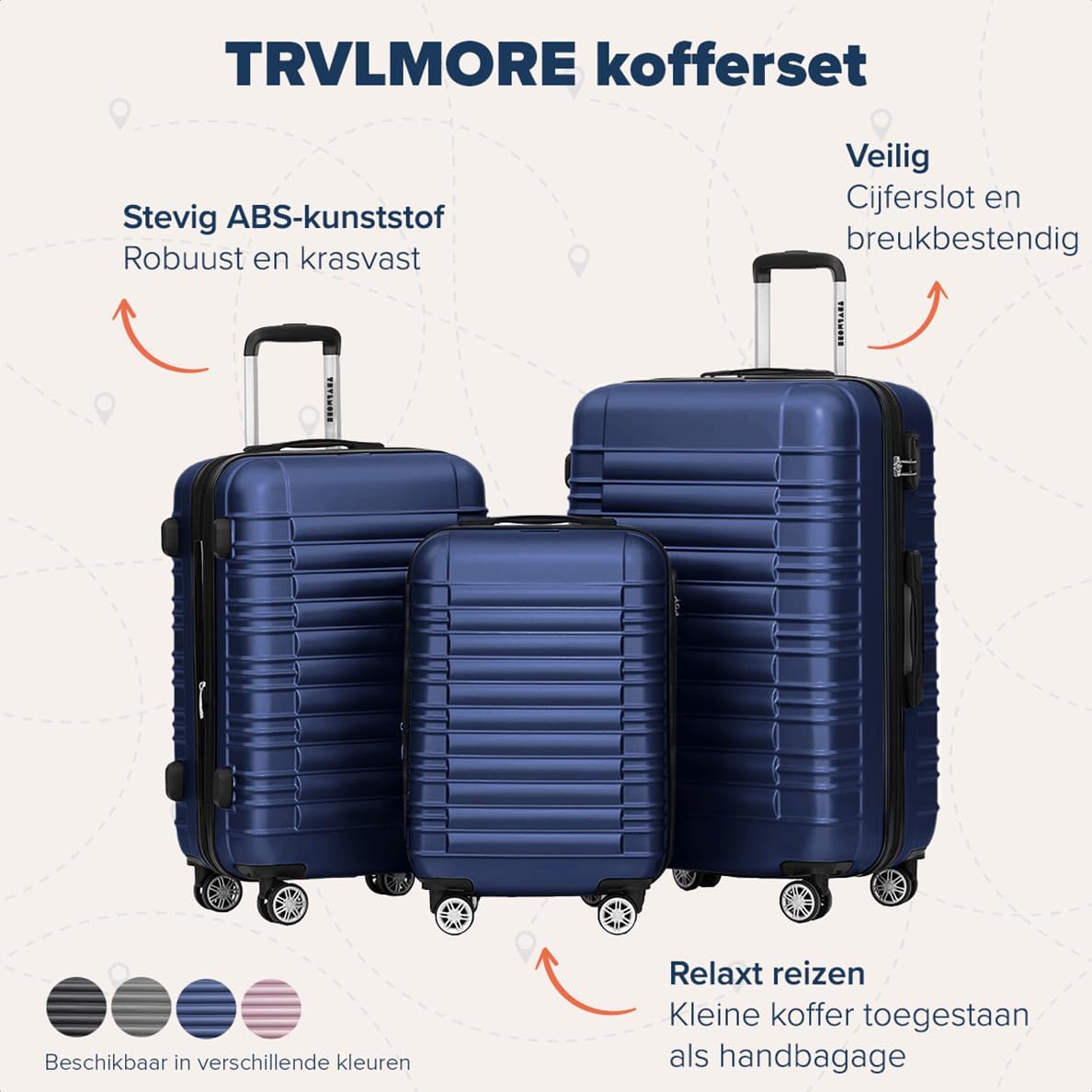 TRVLMORE Kofferset - 3 Delig - 38L Handbagage + 110L Ruimbagage - Lichtgewicht - Trolley - Reiskoffer Set - Donkerblauw