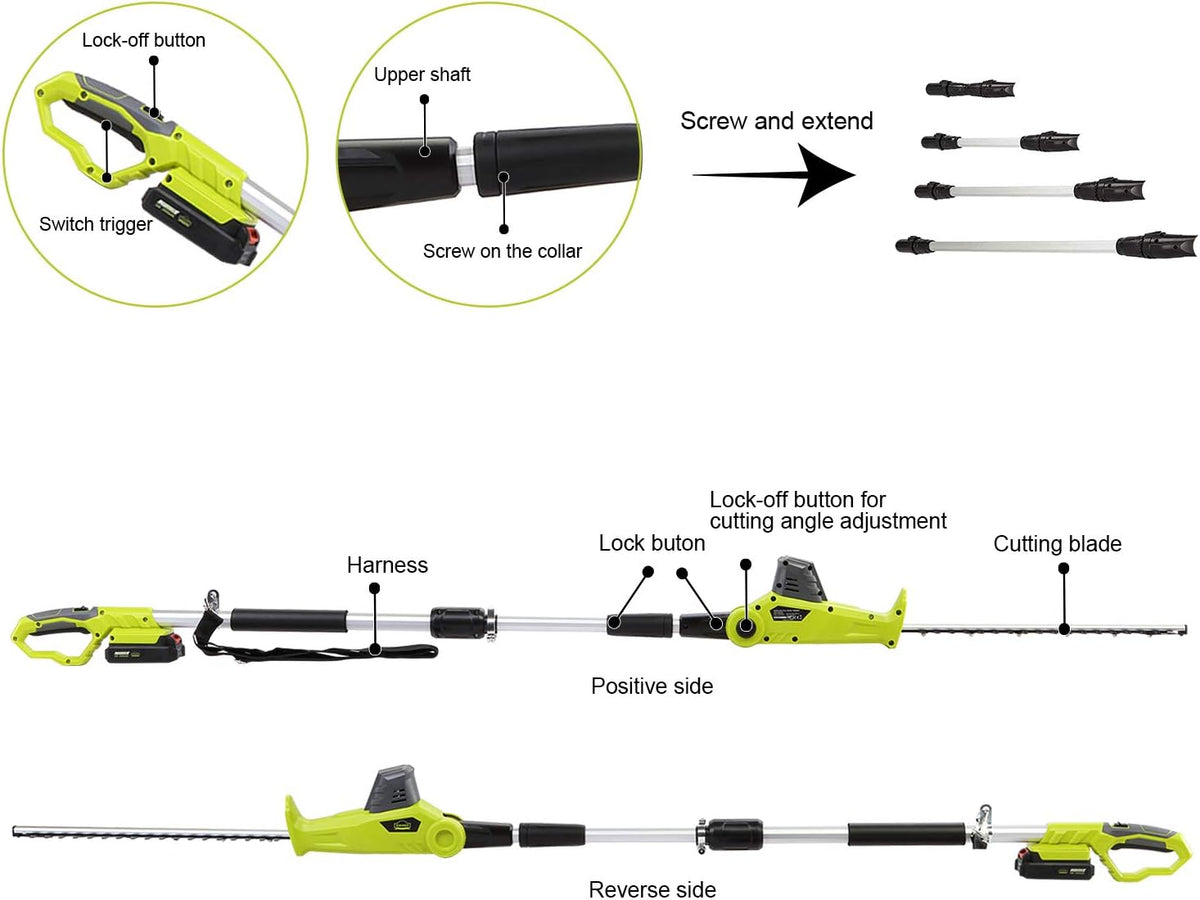 DEWINNER Telescopische heggenschaar, 20 V, uittrekbaar, verstelbaar, lang bereik, accu en oplader inbegrepen