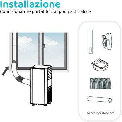 Vigo 9 Draagbare airconditioner, 9000 BTU, met warmtepomp en luchtontvochtiger, R290-gas, geavanceerde functies, draadloze lcd-afstandsbediening, programmeerbare timer en wielen, 63 dB