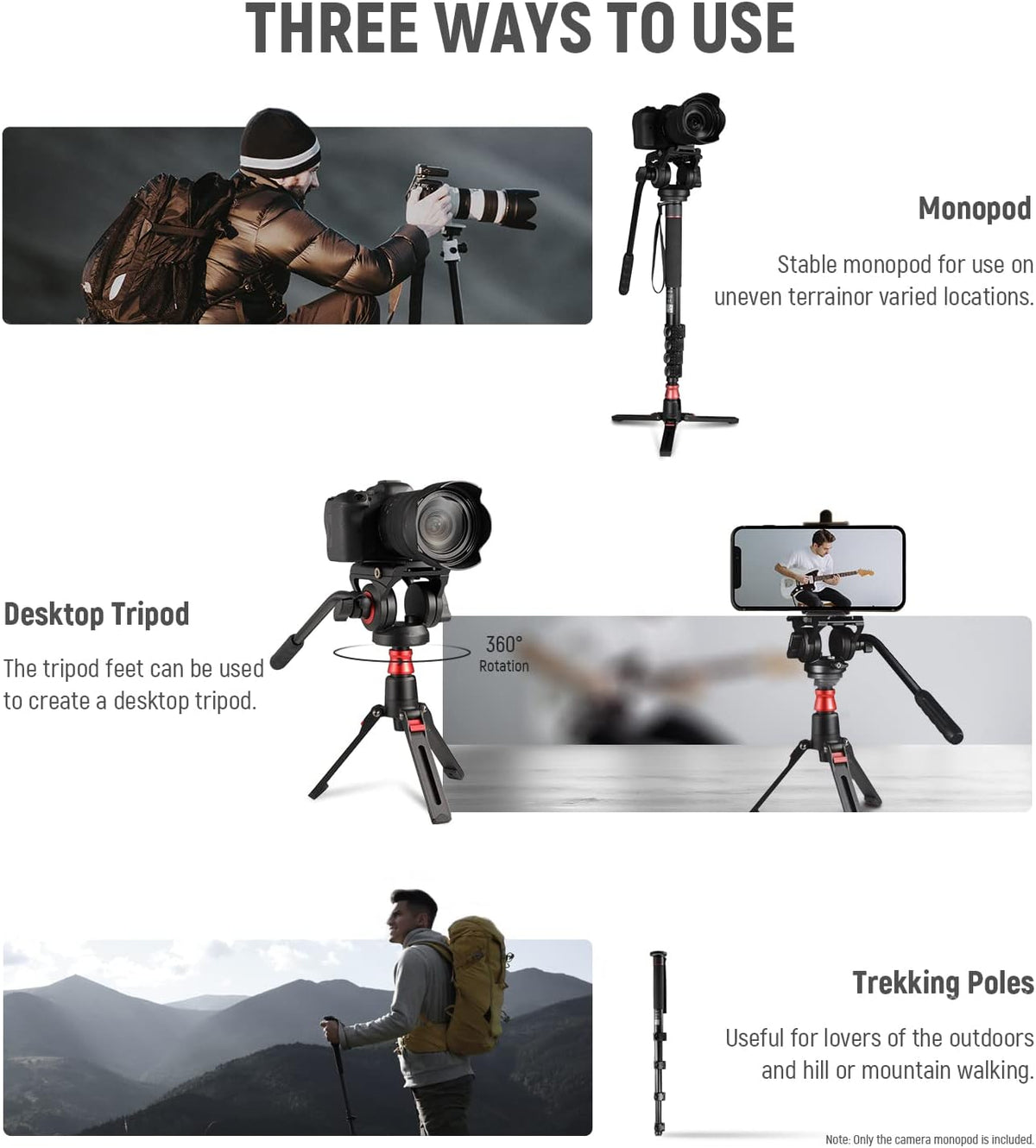 NEEWER GM76 Professionele camera monopod met voeten, 179 cm, telescopisch, draagbaar, aluminium, monopod, zwenkbaar, vloeistofkop en afneembare statiefvoet voor DSLR-camera, maximale belasting 6 kg