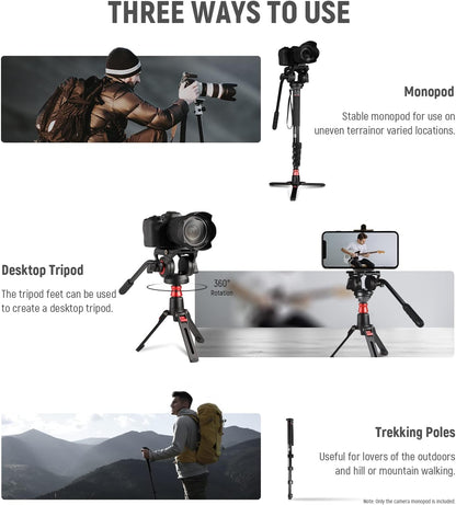 NEEWER GM76 Professionele camera monopod met voeten, 179 cm, telescopisch, draagbaar, aluminium, monopod, zwenkbaar, vloeistofkop en afneembare statiefvoet voor DSLR-camera, maximale belasting 6 kg