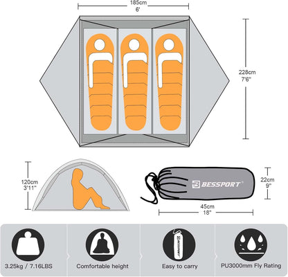Bessport Campingtent voor 2-3 personen, 4 seizoenen, waterdicht, eenvoudig te monteren, ventilatie met dubbele deuren, rugzaktent, ideaal voor kamperen en outdoor-activiteiten