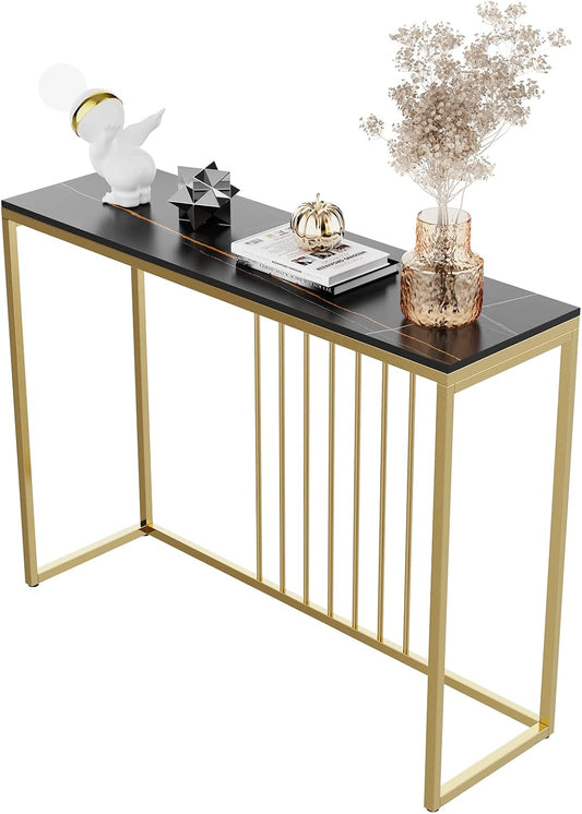 FATIVO Consoletafel voor entree, marmer, Scandinavische consoletafel, zwart, halmeubel, zetelpunt, goudkleurig, haltafel, voor hal, woonkamer, 100 x 30 x 78,5 cm