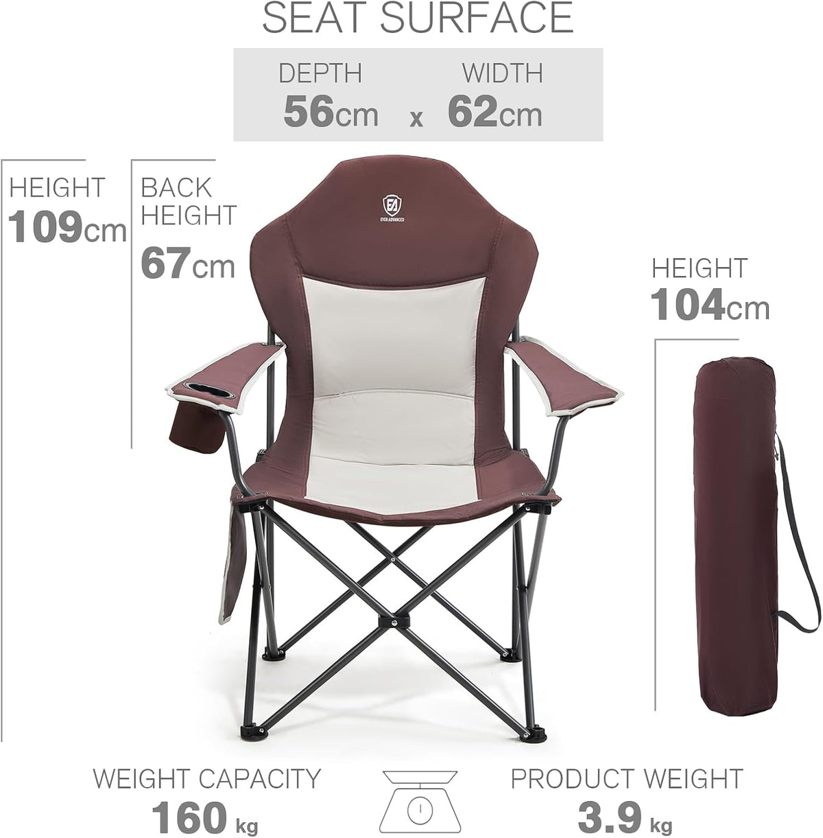 EVER ADVANCED Luxe campingstoel, opvouwbaar, belastbaar tot 160 kg, ultragroot met hoge rugleuning, comfortabel beklede klapstoel, camping, tuin, balkon, strand, campingstoel, tuinstoel, visstoel