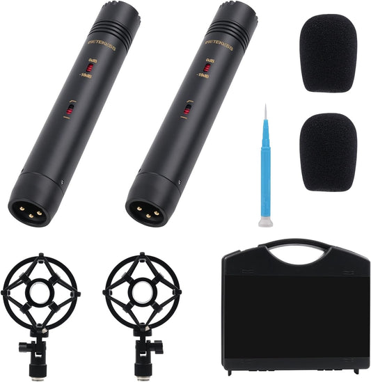 Condensator Instrumentmicrofoon – Instrumentmicrofoon – Condensatormicrofoon – Potloodmicrofoon – Opnamemicrofoon – Stereo Set Met T-Balk – 22 Mm Vergulde Capsule – Instelbare Gevoeligheidsdemping En Lagefrequentiedemping