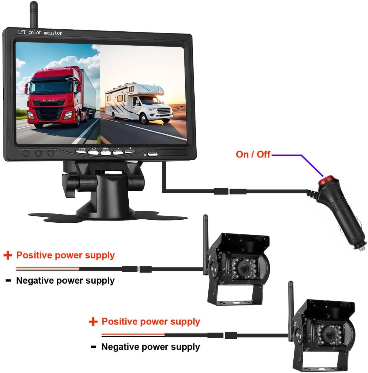 Digitaal draadloos achteruitrijcamerasysteem, 7 inch AHD Split Screen Monitor met IP69 waterdichte achteruitrijcamera IR nachtzicht dubbele achteruitrijcamera voor vrachtwagen/aanhangwagen/camper