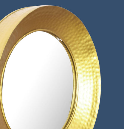 Wandspiegel – Hangspiegel – Spiegel Voor Muur – Goudkleurige Spiegel – Decoratieve Spiegel – Gehamerd Gouden Frame – 60 cm Diameter – IJzeren Stijlvol Design