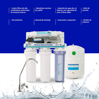 Nature Water Professionals Omgekeerde osmose-uitrusting, 5 niveaus, capaciteit voor 6 l, incl. 75 GPD-membraan, watertank, pomp en filter