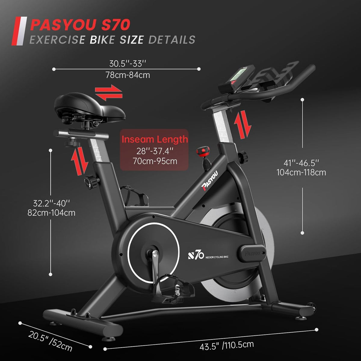 PASYOU Hometrainer, Hometrainer met toerentalmonitor, grotere tablethouder, fitnessfietsen met magneetweerstand, hometrainers thuis (S50/S70)