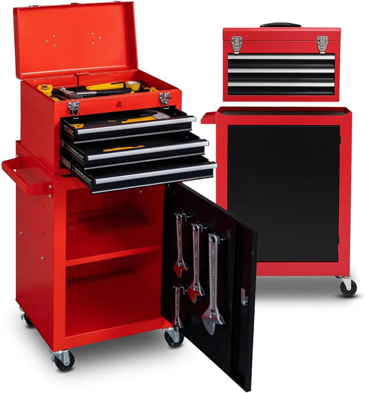 Professionele gereedschapswagen met 3 uittrekbare laden en afsluitbare kast voor garage en werkplaats, frame van gelakt metaal, gemakkelijk te verplaatsen (rood)