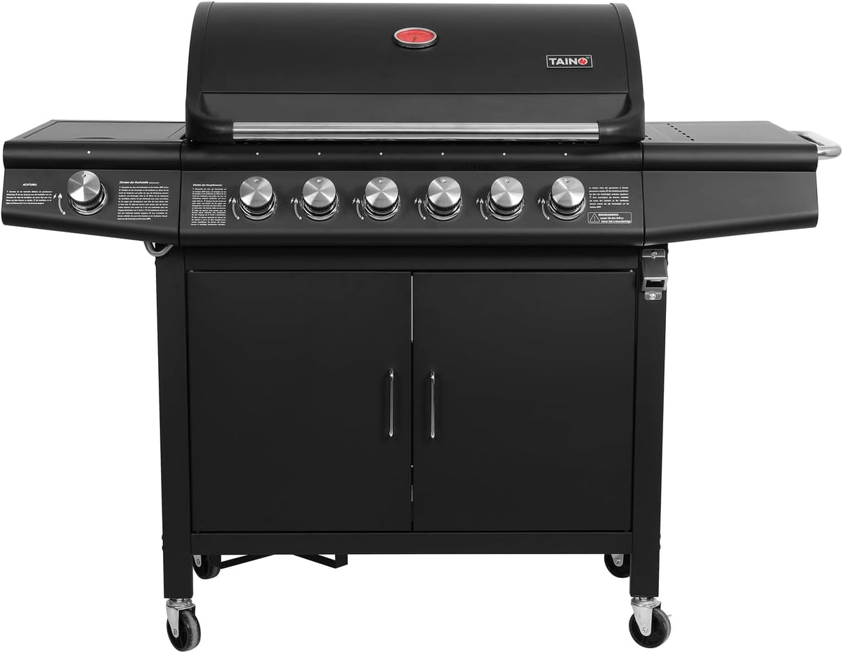 Taino Red 6+1 Gas Barbecue Grill Trolley Stainless Steel Burner Black Optional Accessories - QUORE