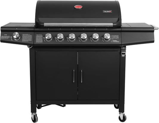Taino Red 6+1 Gas Barbecue Grill Trolley Stainless Steel Burner Black Optional Accessories - QUORE