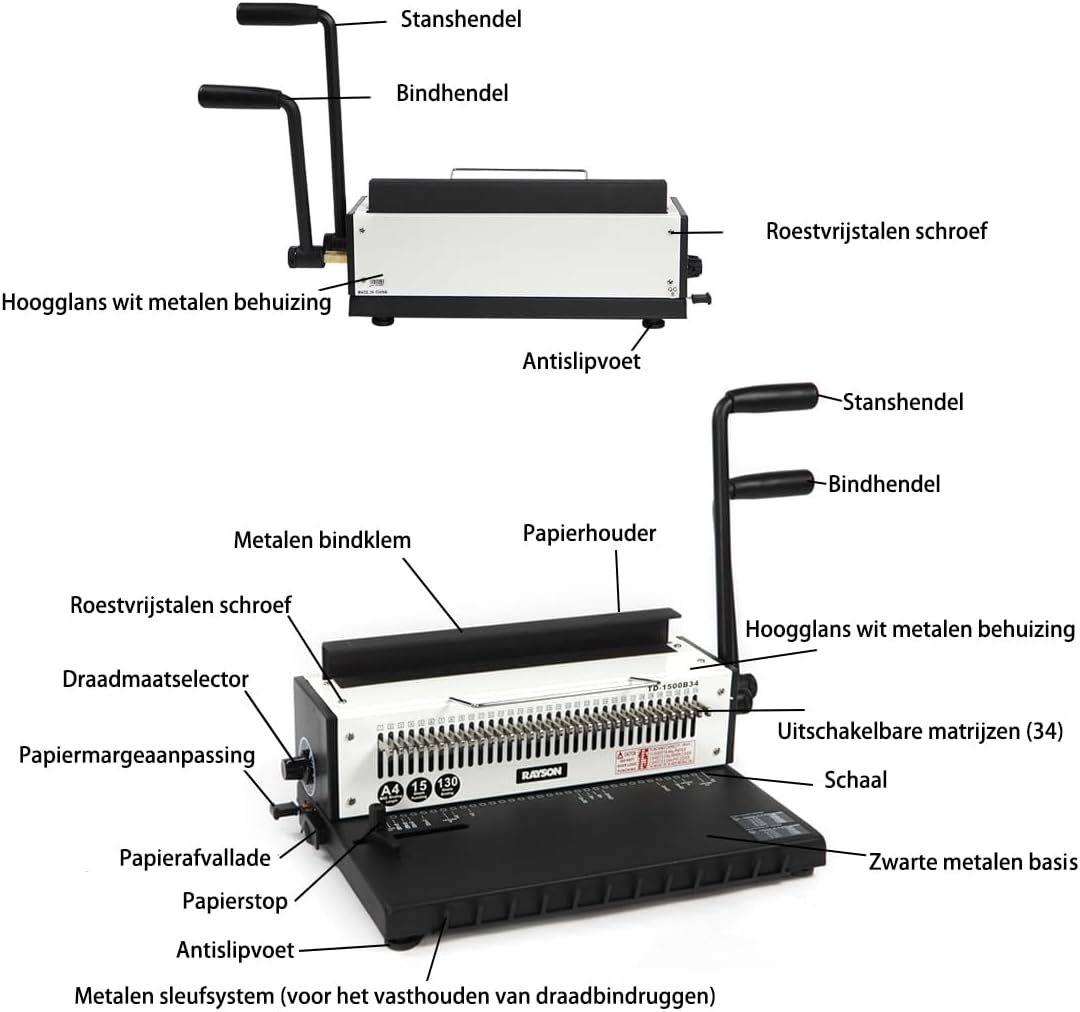 RAYSON TD-1500B34 Metaaldraad bindmachine – 3:1 ponsafstand, 34 gaten, perforeert 15 A4-bladzijden, bindt tot 130 pagina’s, Aanpasbaar ponsmes
