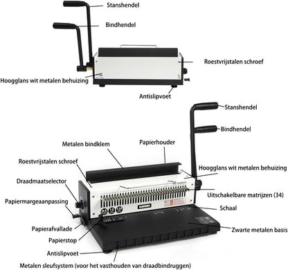 RAYSON TD-1500B34 Metaaldraad bindmachine – 3:1 ponsafstand, 34 gaten, perforeert 15 A4-bladzijden, bindt tot 130 pagina’s, Aanpasbaar ponsmes