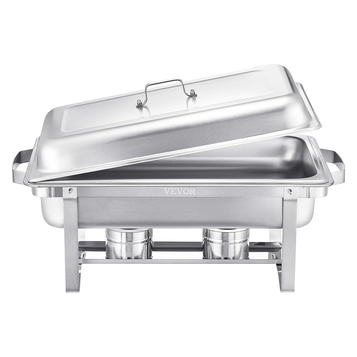 VEVOR Warmhoudplaat van roestvrij staal met 6 pannen in volledige grootte (7,5 l), rechthoekig, voor catering, met deksel en houder voor waterschaal en brandstoftank, zilver
