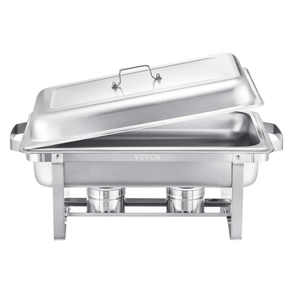 VEVOR Warmhoudplaat van roestvrij staal met 6 pannen in volledige grootte (7,5 l), rechthoekig, voor catering, met deksel en houder voor waterschaal en brandstoftank, zilver