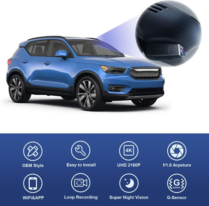 FITCAMX Dash Cam Compatibel met Volvo XC40 Recharge P8 2021 2022, ingebouwde OEM-stijl autorecorder WiFi, 2160P UHD-video, nachtzicht, botsingsdetectie, met 64GB-kaart
