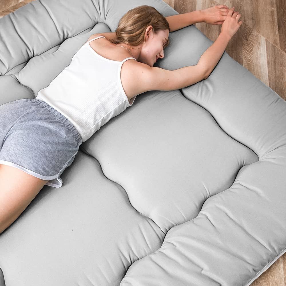 Maxyoyo Japanese Floor Mattress, Futon Mattress, Thicken Tatami Mat, Sleeping Pillow, Foldable, Roll-Up Mattress, Dormitory, Mattress, Floor Lounger, Pillow, Bed (Grey, Double)