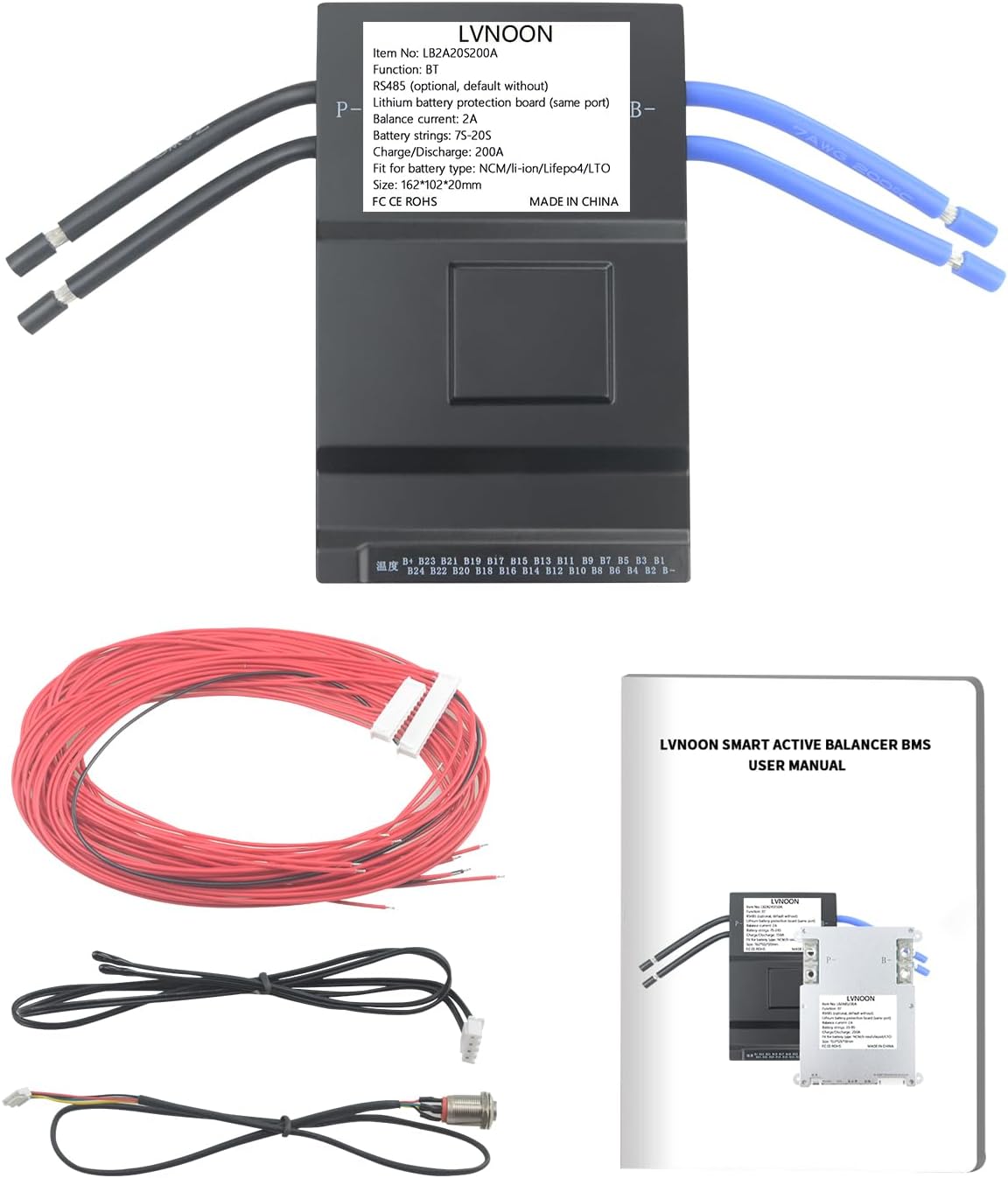 LB2A Smart Active Balancer BMS voor Li-ion NCM LFP LiFePo4 LTO Battery Management System 3S tot 24S 150A 200A 300A met APP Control 12V 24V 48V 60V 72V 84V (200A, 7-20S)