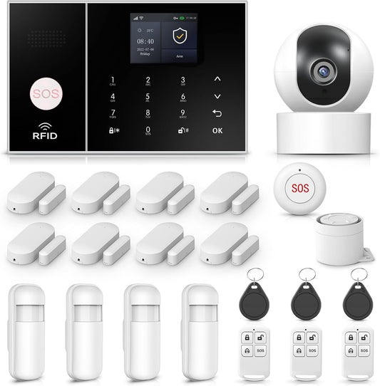 22-delige draadloze/WiFi-thuisanti-diefstalkit met bewakingscamera 200 MP, alarmsysteem met touchpad en 2,4-inch TFT-kleurenscherm, op batterijen, draadloos en bekabeld