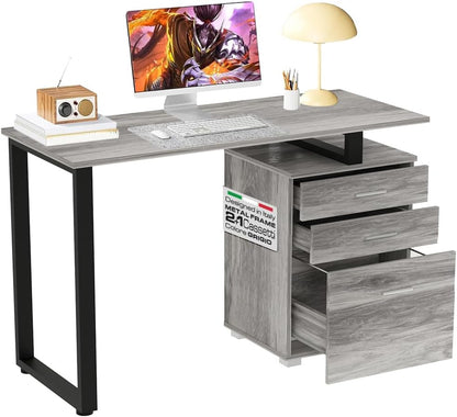 BAKAJI Scrivania Con cassettiera Bureau met lade, computertafel, staal, hout, kantoor grijs, Unica