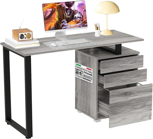 BAKAJI Scrivania Con cassettiera Bureau met lade, computertafel, staal, hout, kantoor grijs, Unica