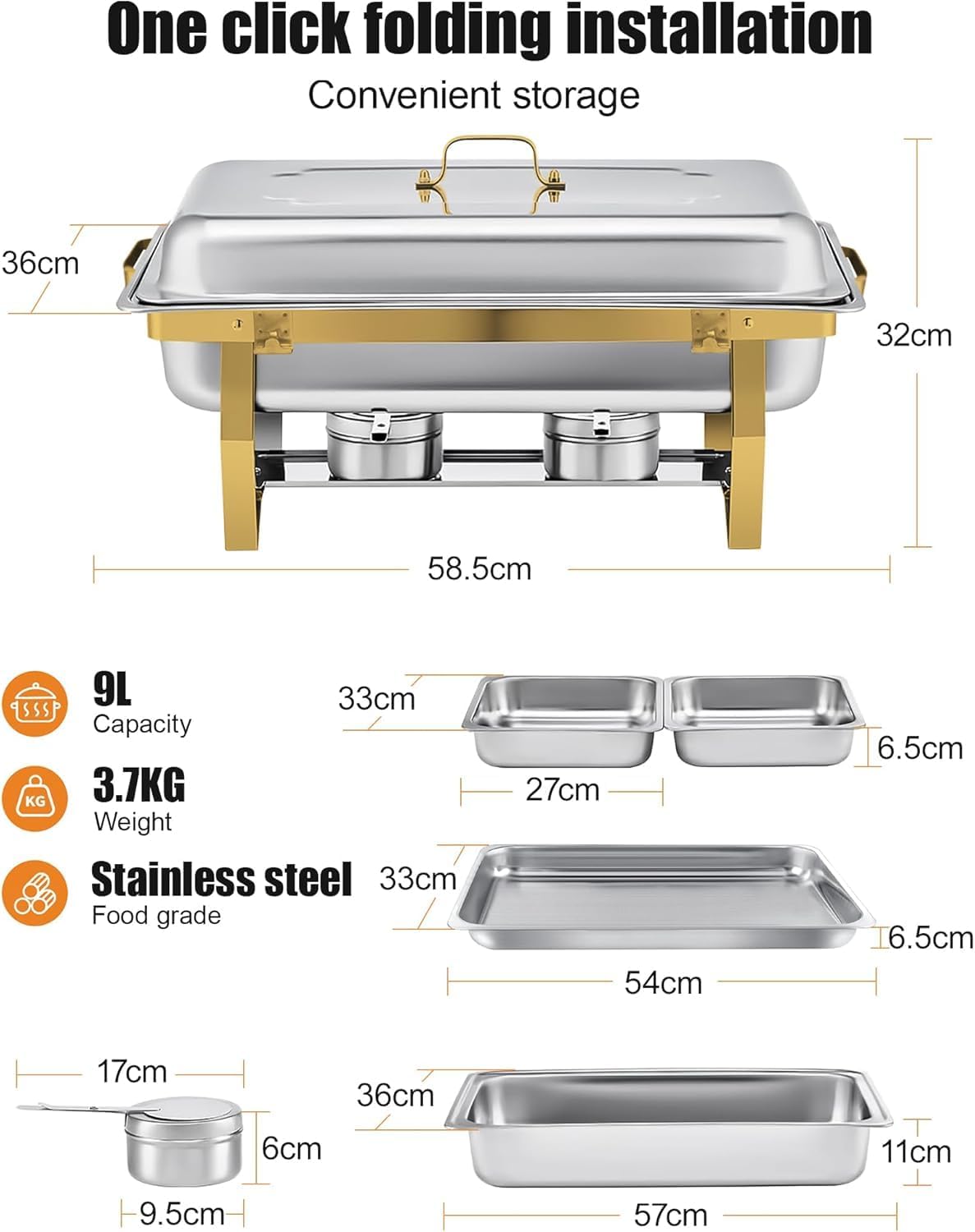 Chafing Dish Buffet Set 9L [Elegant Goud en Zilver], 4-Pack Gouden Chafing Dishes voor Buffet [Afgeronde Rand Design], RVS Voedselwarmer voor Catering Buffet en Alle Feesten