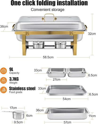 Chafing Dish Buffet Set 9L [Elegant Goud en Zilver], 4-Pack Gouden Chafing Dishes voor Buffet [Afgeronde Rand Design], RVS Voedselwarmer voor Catering Buffet en Alle Feesten