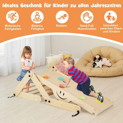 FANTASK Houten klimtoestel, naturel, indoor klimdriehoek, multifunctioneel, met omkeerbare helling, wip, verstelbare klimmer voor kinderen vanaf 3 jaar