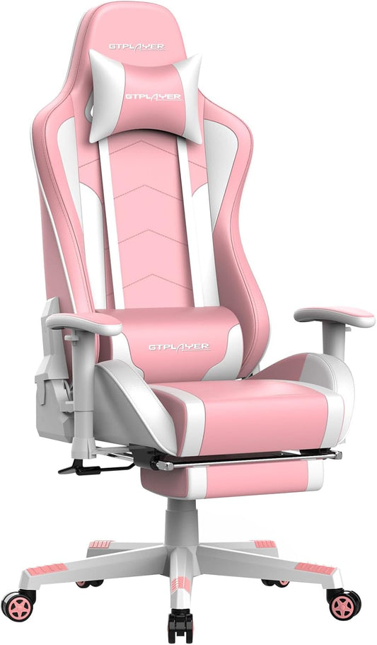 GTPLAYER Gamingstoel, gamerstoel met voetensteun, bluetooth-luidspreker, ergonomische bureaustoel, computerstoel, bureaustoel, pc-stoel met verstelbare rugleuning, belastbaar tot 150 kg, roze