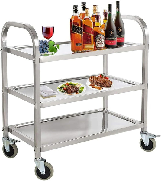 uyoyous Serveerwagen, 95 x 50 x 95 cm, roestvrij staal, 3 planken, keukenwagen, transportwagen, roestvrij staal, met 4 360° draaibare wielen (2 x rembaar) voor restaurant, keuken of hotel
