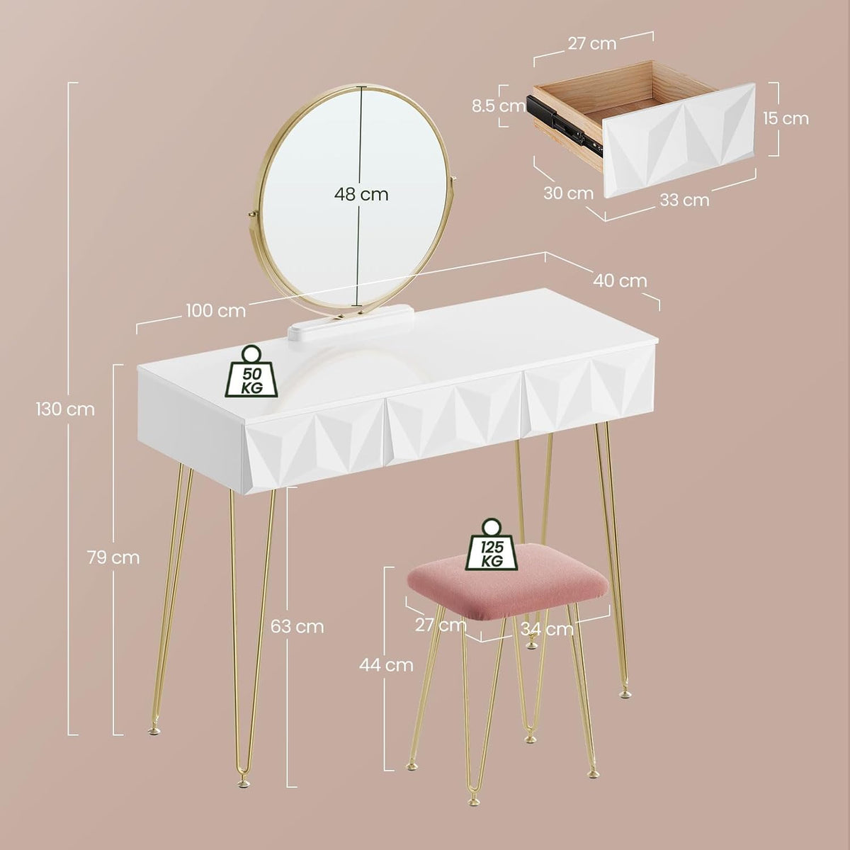 Eugad Dressing Table with Stool and Mirror, 360° Rotatable, Makeup Mirror, Dressing Table with 3 Drawers, Padded Velvet Stool, 3D Effect Drawer, White and Gold - QUORE