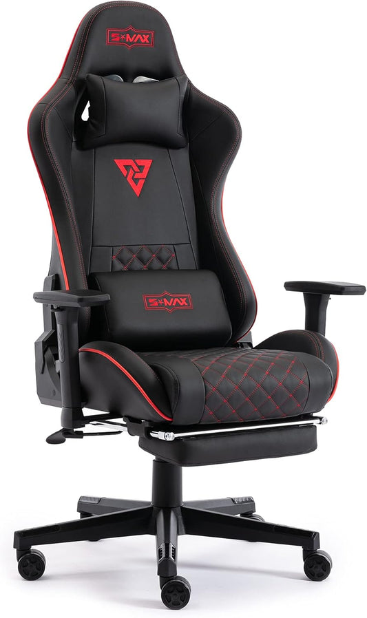 S*MAX Gamingstoel met voetensteun, verdikte zitting, gamestoel met 3D-armleuning en lendensteun, van PU-leer, pc-stoel, videospelstoelen met hoge rugleuning, voor volwassenen, zwart