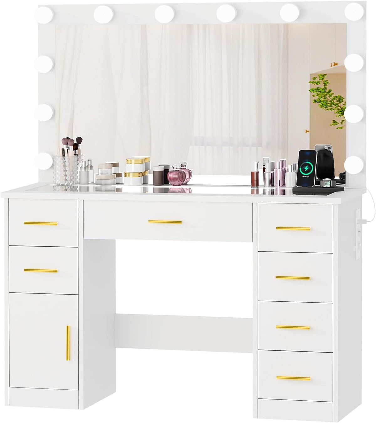 ANWBROAD Large Dressing Table with 3 Adjustable LED Lights and Socket, Modern Vanity Table with Mirror, Dressing Table with Glass Top, 7 Drawers, White 140 x 110 x 40 cm BDT83W - QUORE