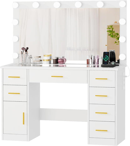 ANWBROAD Large Dressing Table with 3 Adjustable LED Lights and Socket, Modern Vanity Table with Mirror, Dressing Table with Glass Top, 7 Drawers, White 140 x 110 x 40 cm BDT83W - QUORE