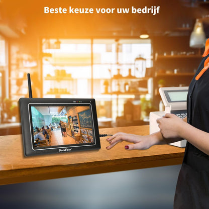 SecuFirst 2K Beveiligingscamera Buiten met Binnenmonitor Draadloos, 7" Touch Screen NVR + 2X Outdoor Camerabewaking Babyfoon Werken zonder Wi-Fi, AI Bewegingsdetector, 64GB SD-kaart.Intercom.
