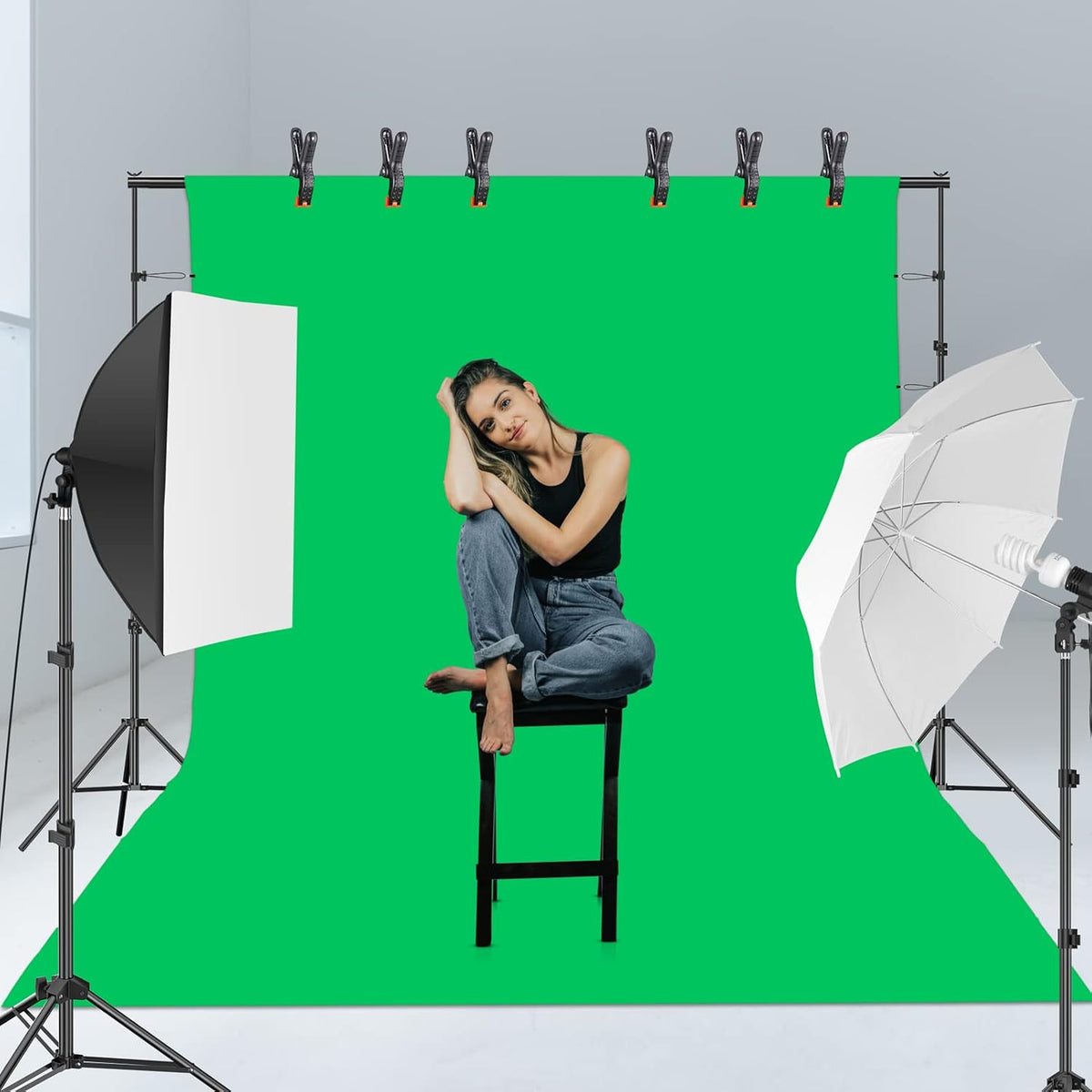 EMART Fotostudio-set, 2,6 m x 3 m, fotostudio achtergrondsysteem met 3 achtergronden + standaard + softbox set + reflector 5-in-1 + paraplu's voor fotostudio, productportret, video fotografie