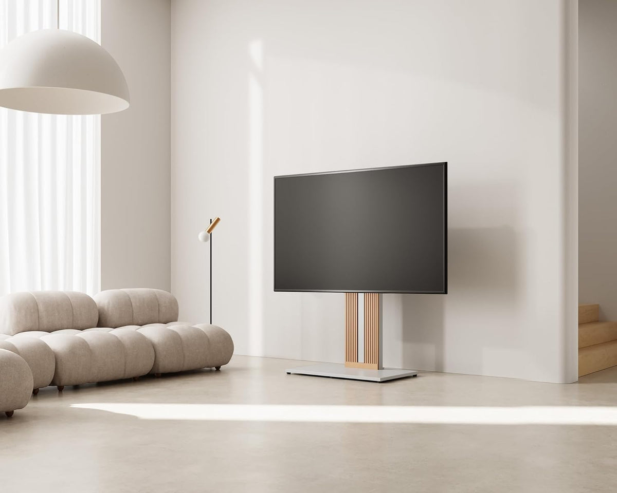 FITUEYES Design TV-standaard op standaard, voor schermen van 55 tot 88 inch, in hoogte verstelbaar, tv-kast van massief hout, draaibaar, maximale belasting 60 kg, hoek verstelbaar ± 30 graden,