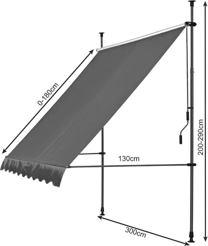 QUICK STAR klemluifel 300 x 130 cm grijs balkonluifel zonwering terrasoverkapping in hoogte verstelbaar van 200-290 cm luifel balkon zonder boren