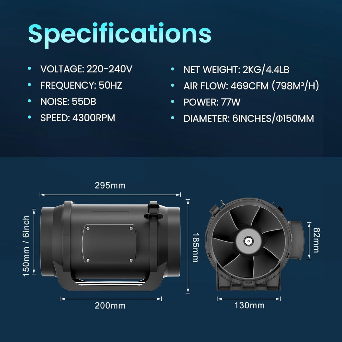 HG Power Buisventilator 150mm Inline Ventilator EC-motoren Kanaalventilator 798m³/h Afvoerventilator EU-Stekker Buisventilator voor Keuken, Badkamer, Garage
