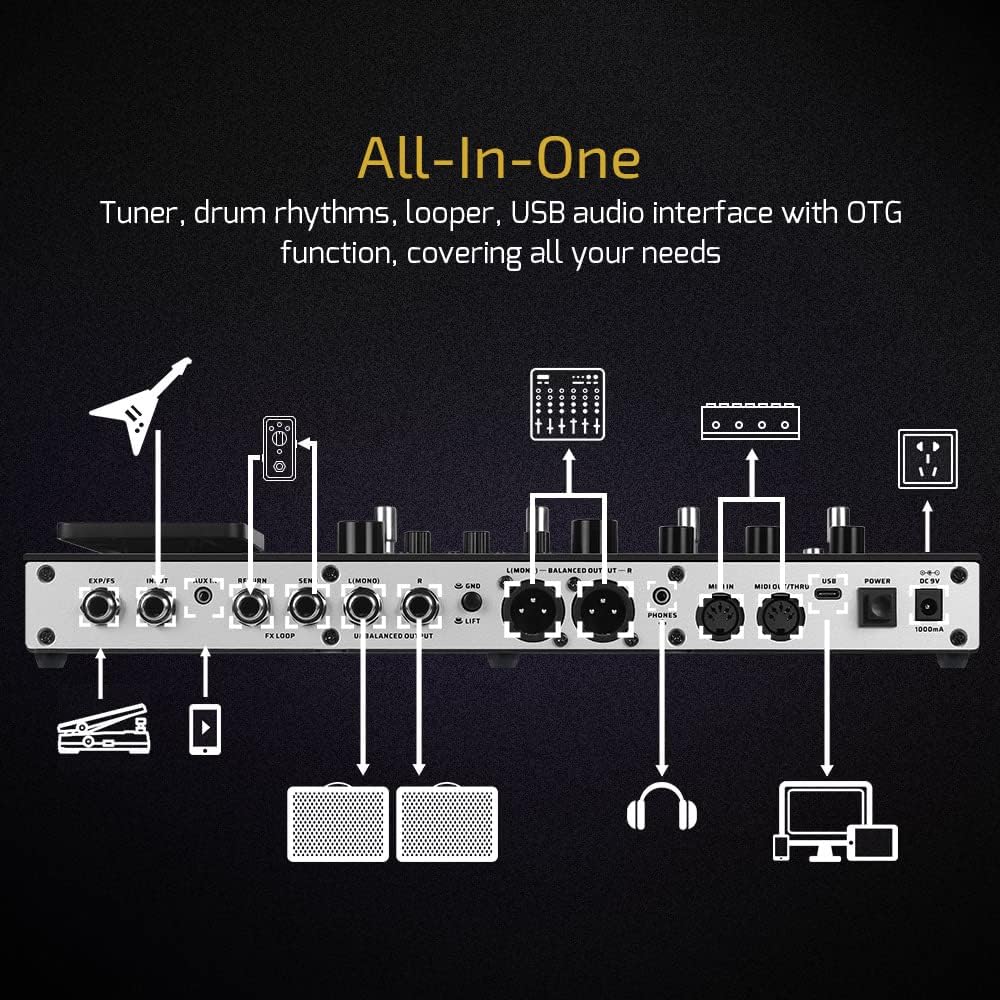 Gitaar Multieffect – Effectprocessor – Multieffect Pedaal – Modelerpedaal – Effectpedaal – Voor Gitaar, Bas En Akoestische Gitaar – 140 Effecten, 45 Versterkermodellen En 40 IR-Kastsimulaties – USB Audio Interface Met 198 Presets En 9 Effectblokken